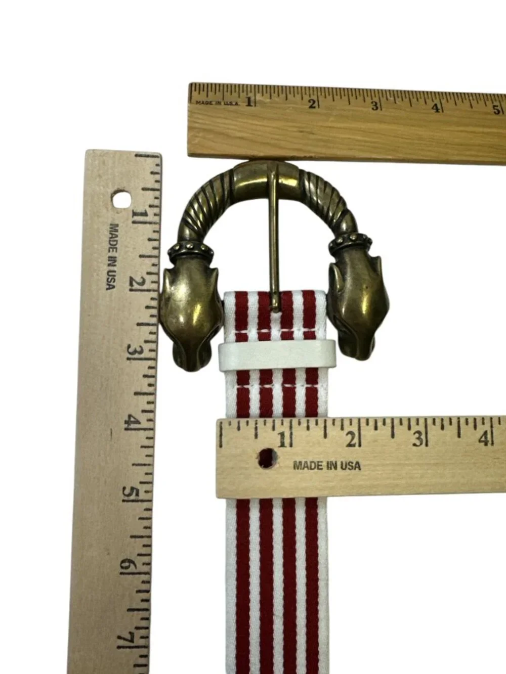 Brass Jaguar Head Buckle Red White Stripe Statement Belt Womens